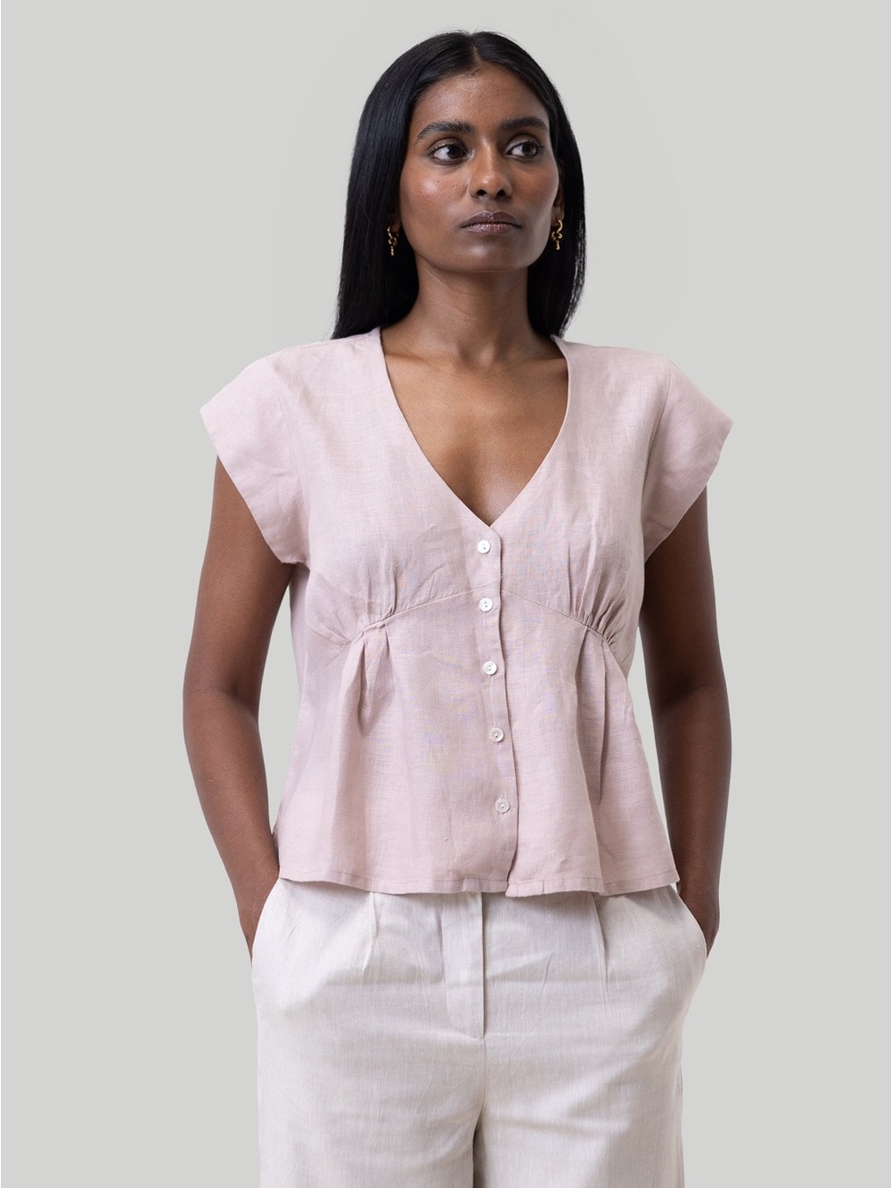 Reistor Deep V-Neck Hemp Pink Button Front Top XS Sold Out Online